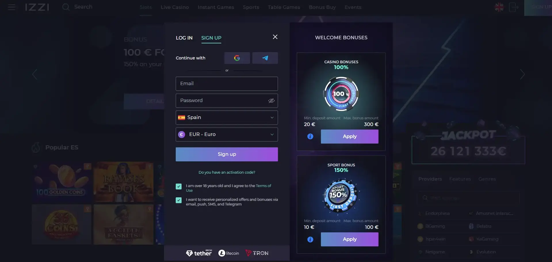 Раздел бонусов Izzi Casino